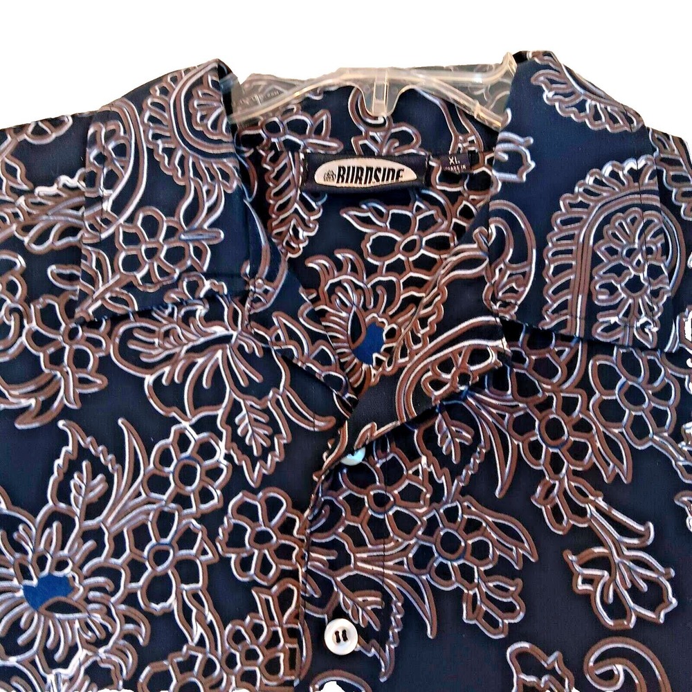 Burnside Mens XL‎ Navy Blue Paisley Floral Short Sleeve Button Up Camp Shirt